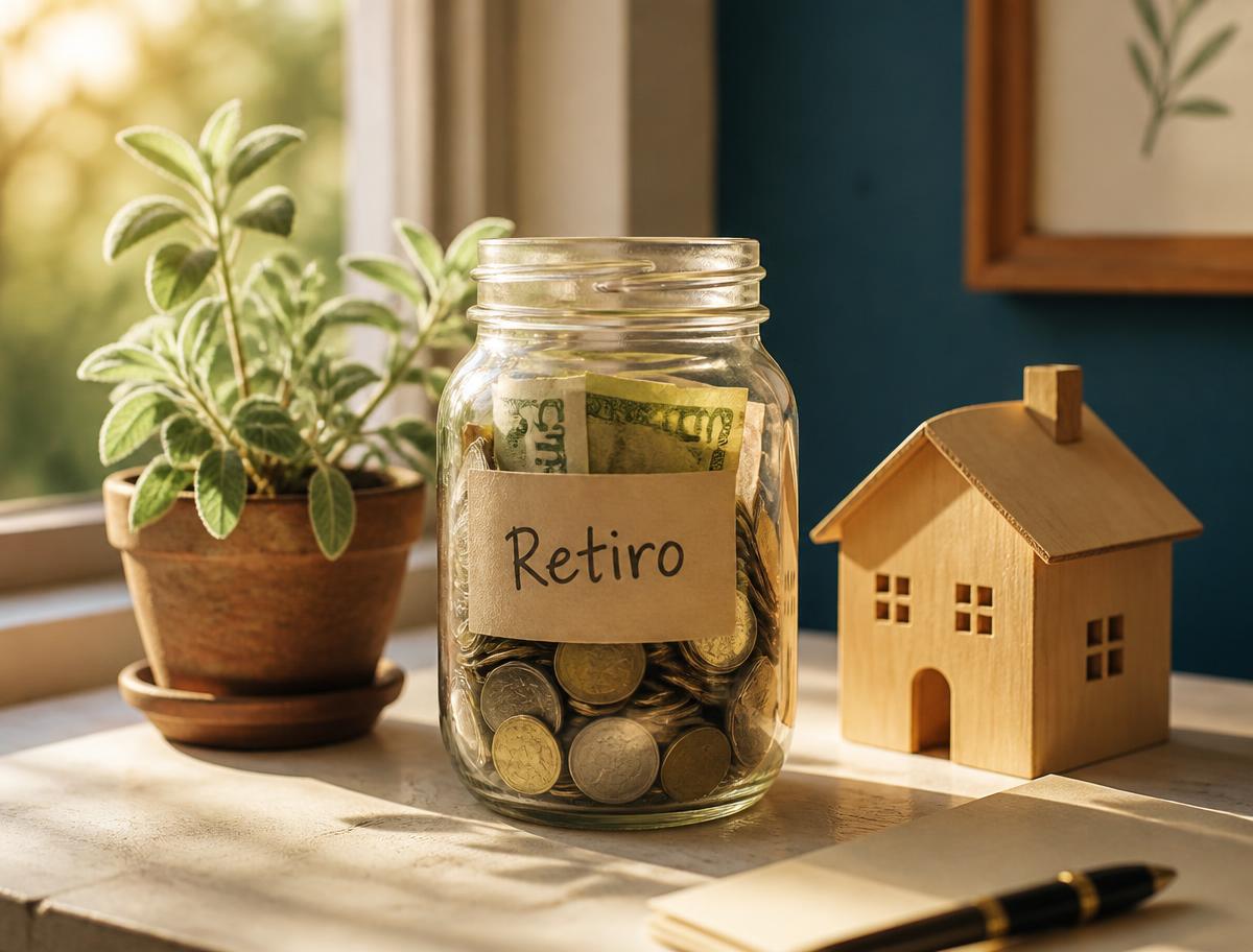 Frasco de vidrio con monedas y billetes etiquetado Retiro, junto a una casita de madera y una planta al sol, símbolo de ahorro para el retiro y patrimonio